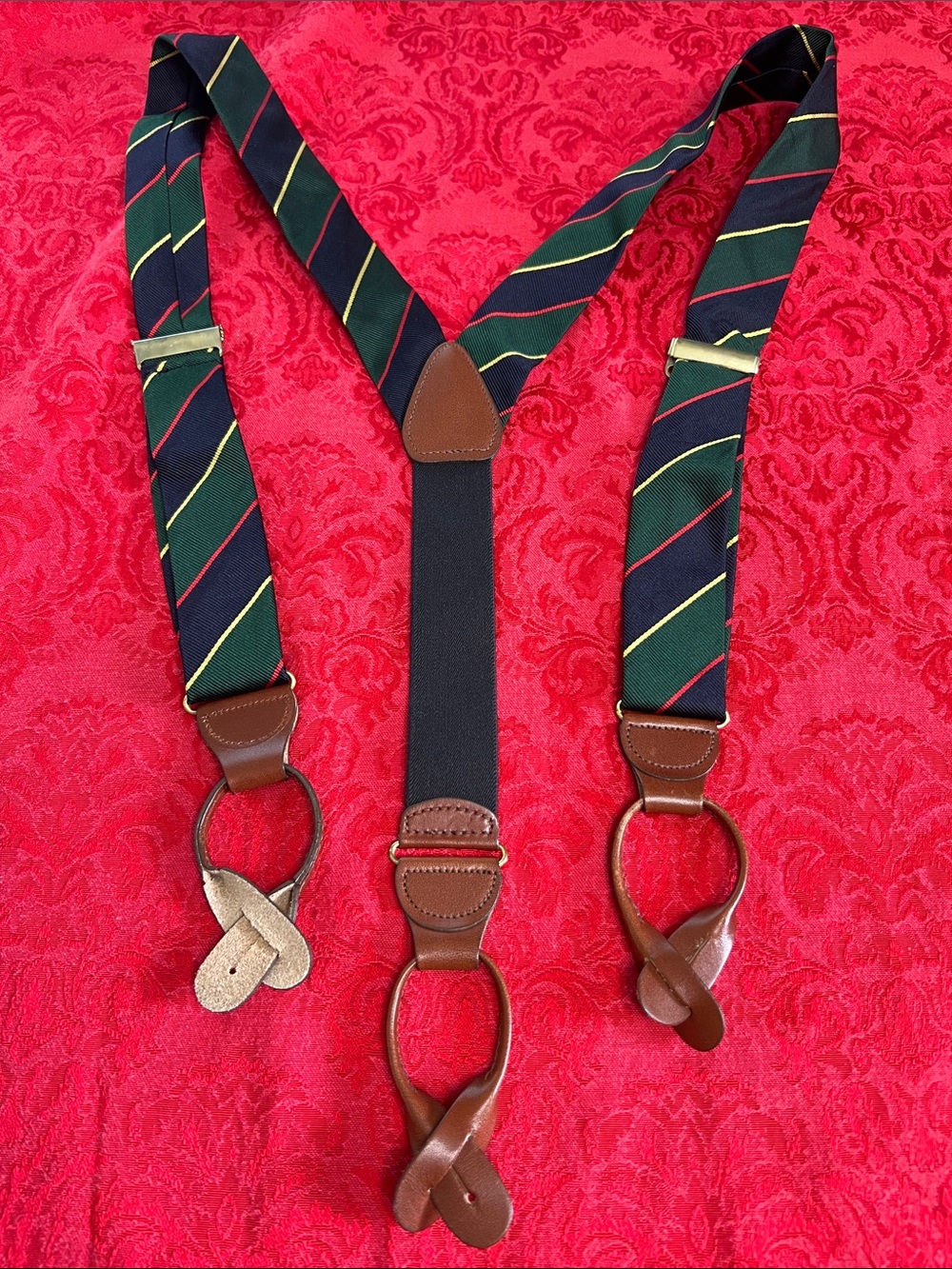 Men’s Green Navy Red Stripe Suspenders Leather Button Tabs Made in USA